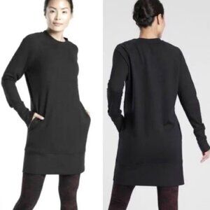 New ATHLETA Lolo Fleece Sweatshirt Mini Dress With Pockets Black SM